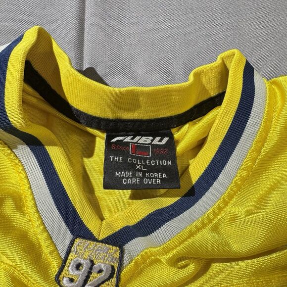 VTG FUBU 92 Football Jersey XL Yellow Silver 2000s Hip Hop Streetwear Rare - Picture 12 of 13